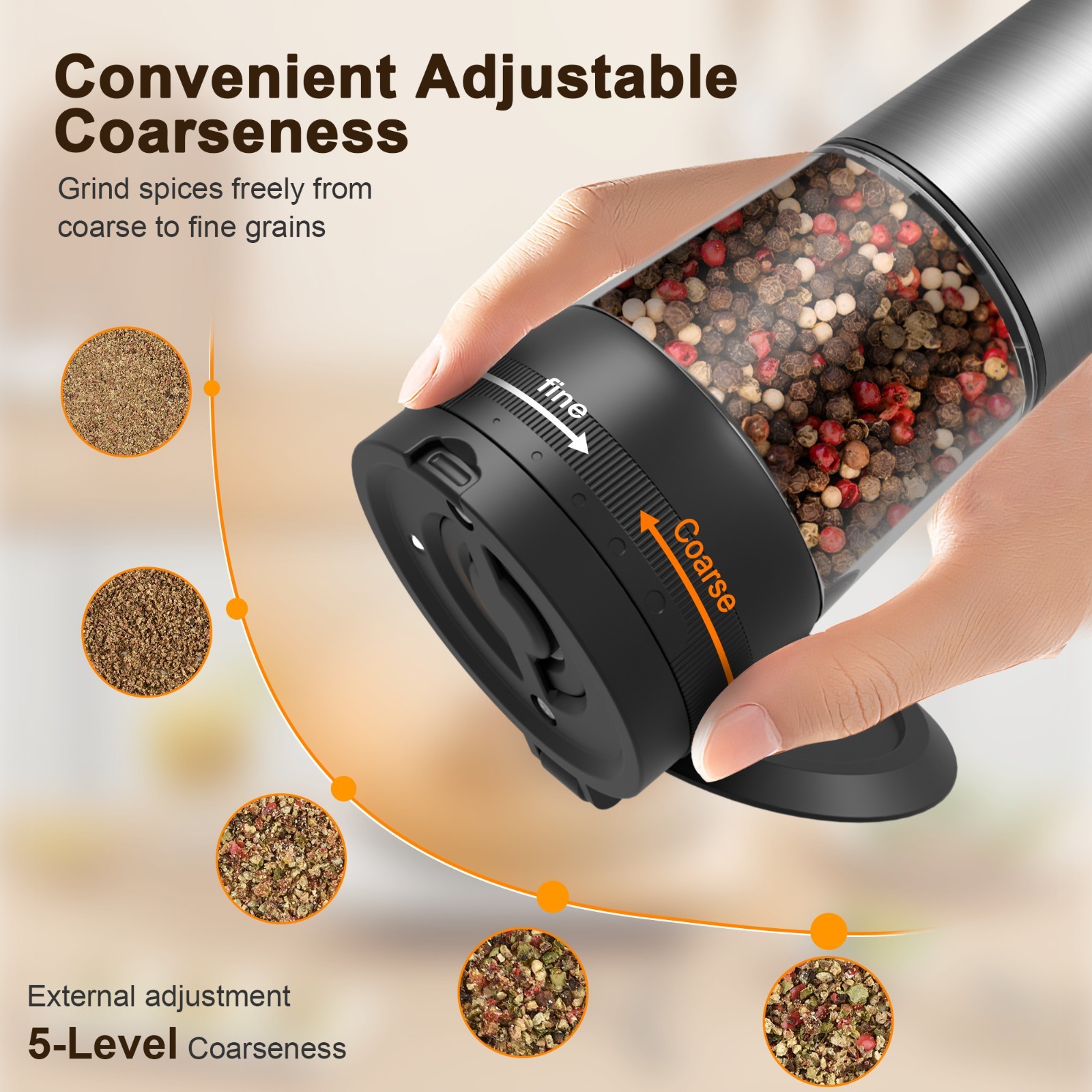 Electric Salt Pepper Grinder Set, Rechargeable Base, Adjustable Coarseness, 2PCS