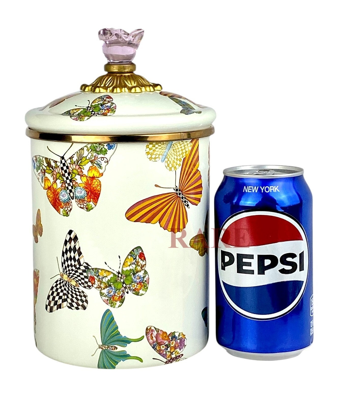 MacKenzie-Childs White Butterfly Garden Enameled Medium 8.5" Canister New No Box