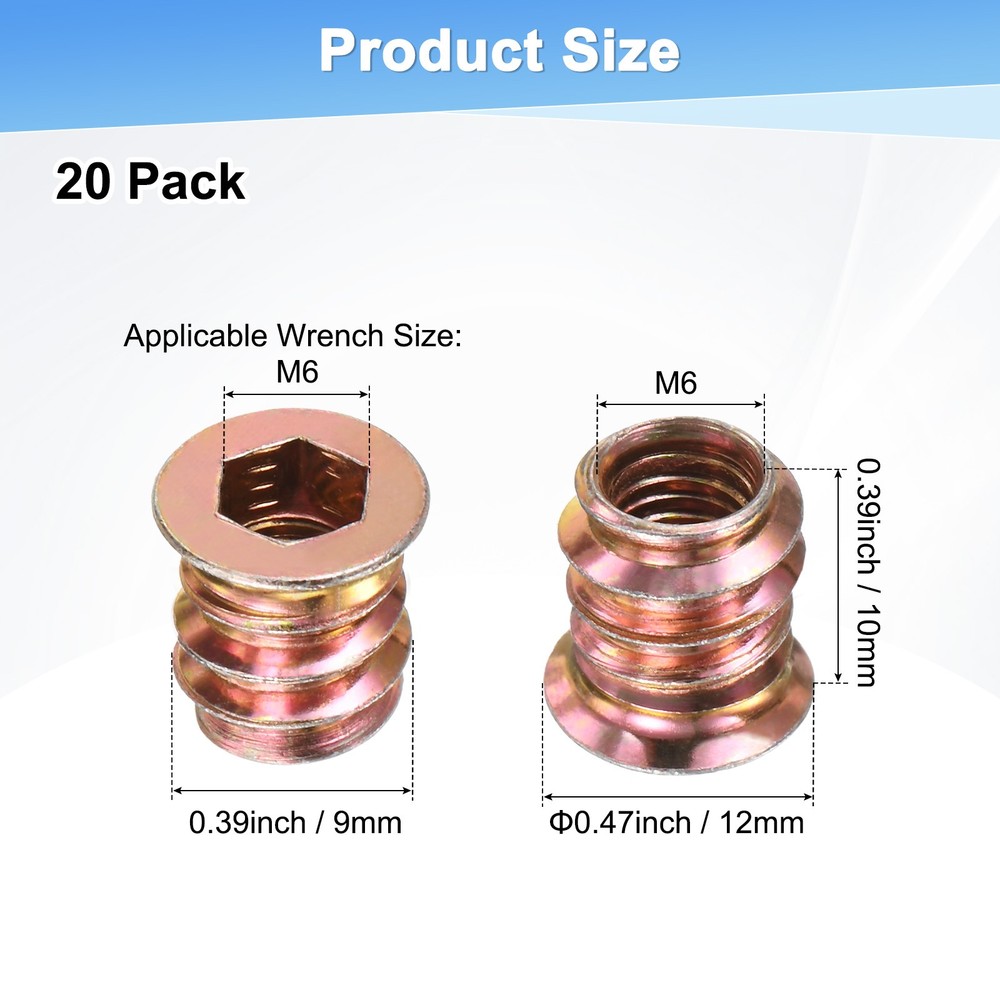20-Pack Threaded Inserts for Wood, M6x10mm Threaded Insert Nuts [Gold Tone]