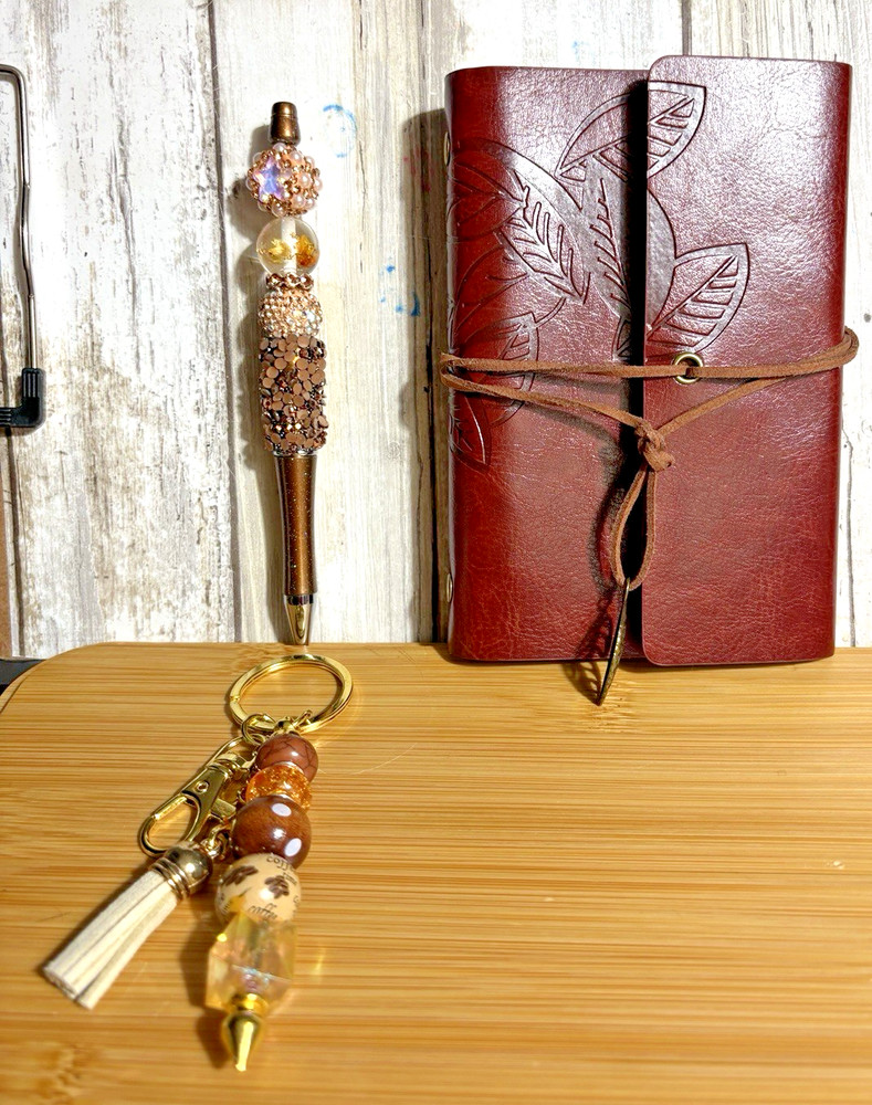 HANDCRAFTED BEADED PEN , key chain & NOTE PAD SET