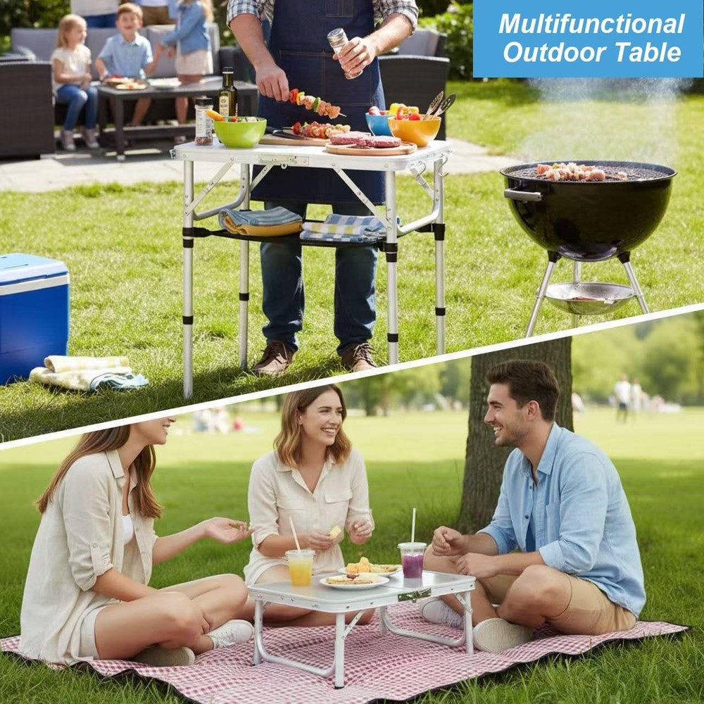 Small Folding Table Portable 24''LX16''W Foldable Camp with 3 Adjustable Height