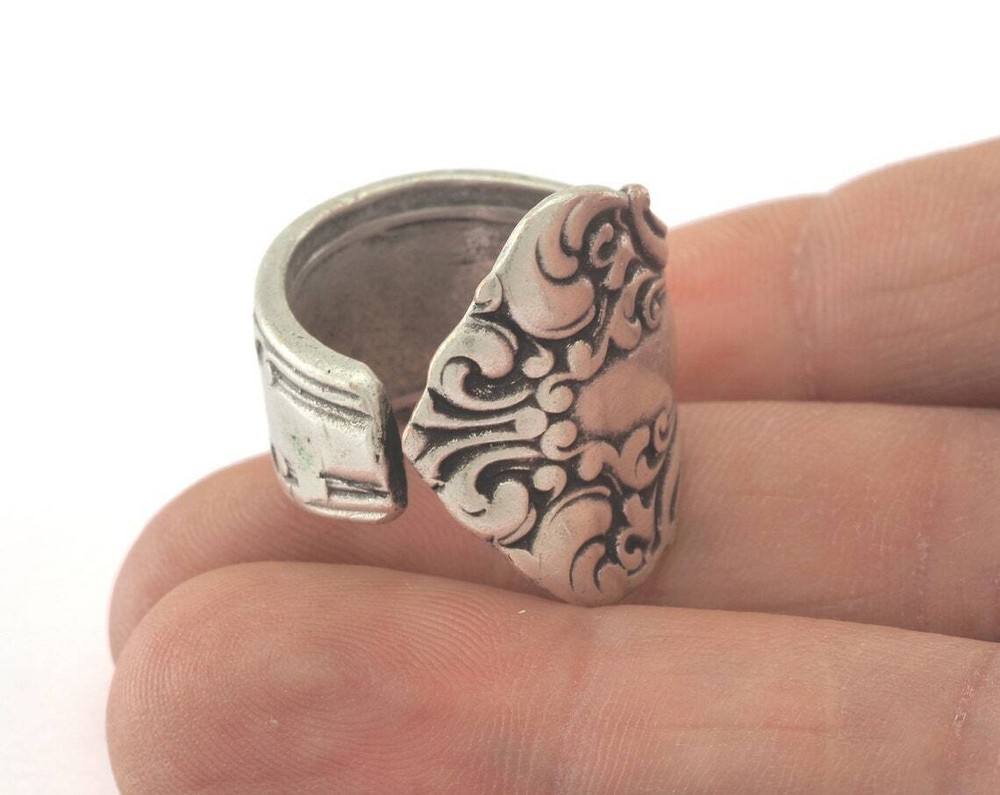 Spoon Ring Flower Patterned Adjustable Ring Antique Silver Plated brass 8US 2672