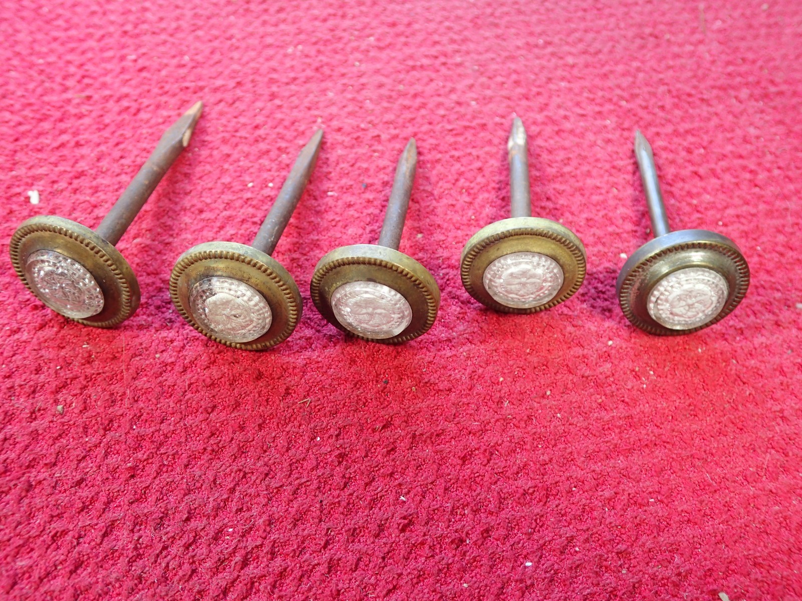 Antique Victorian Five (5) Sulfide Glass Brass Picture Hanging Nails