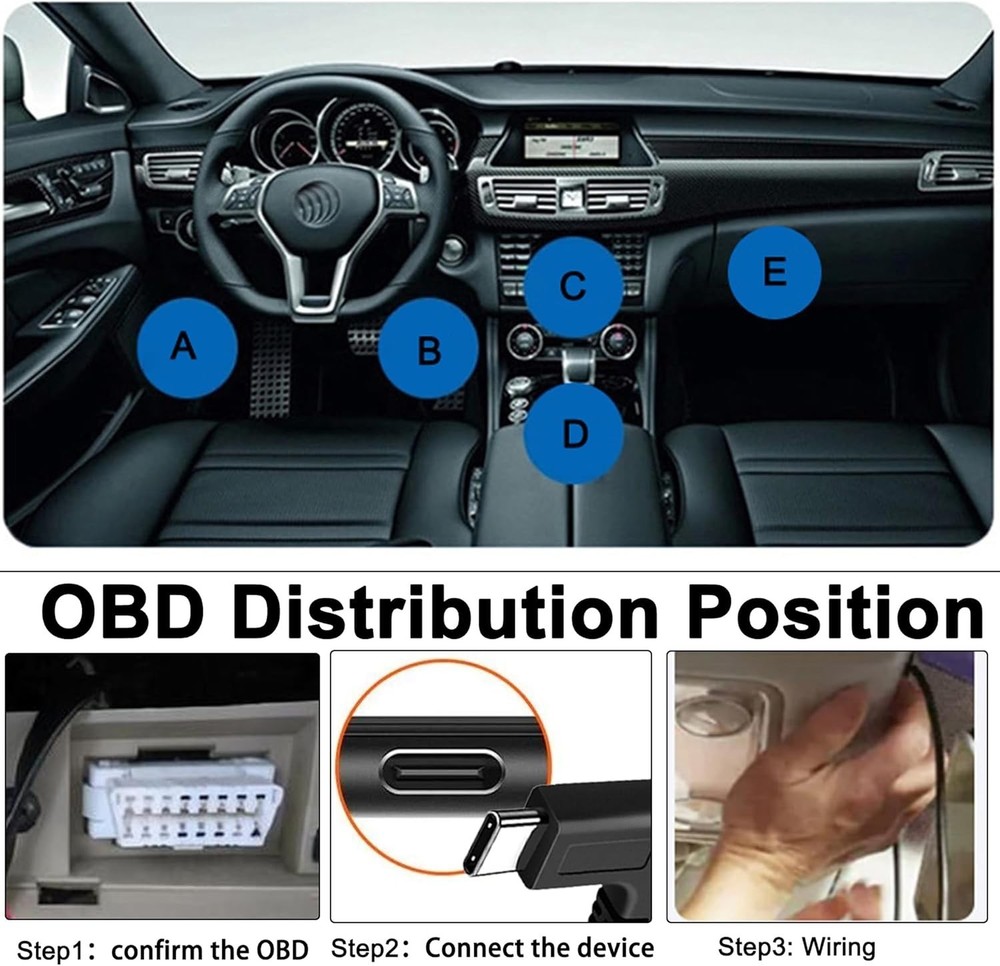 OBD OBD2 Hardwire Kit Power Cable for Dash Camera with 90Degree USB Type C 12