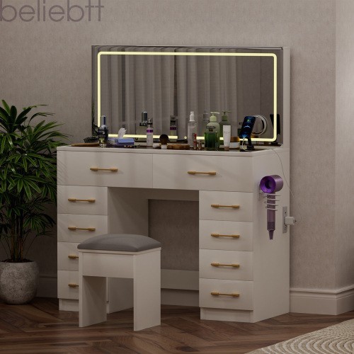 46"Glass Top Vanity Desk 10 Drawers Makeup Vanity Power Outlet, Silent Slides