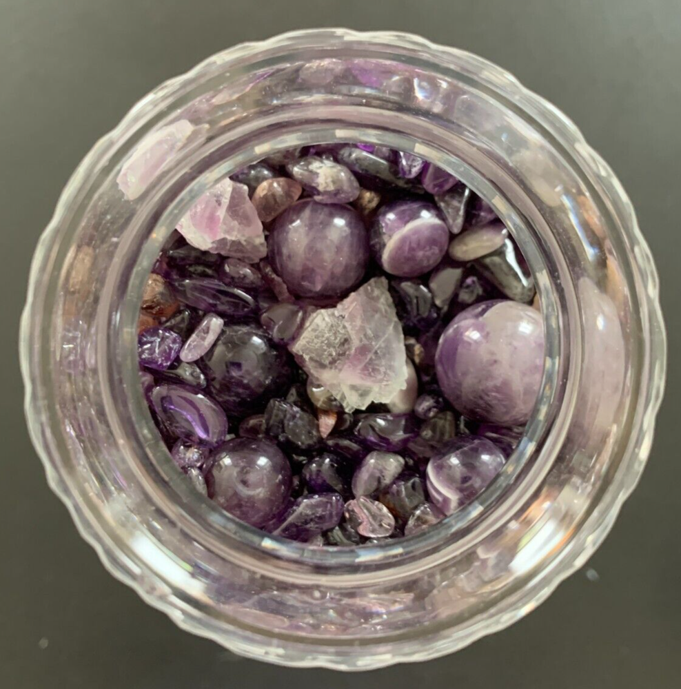 AMETHYST DREAM SPHERE WITH GLASS STAND - AND AMETHYHST CHIPS