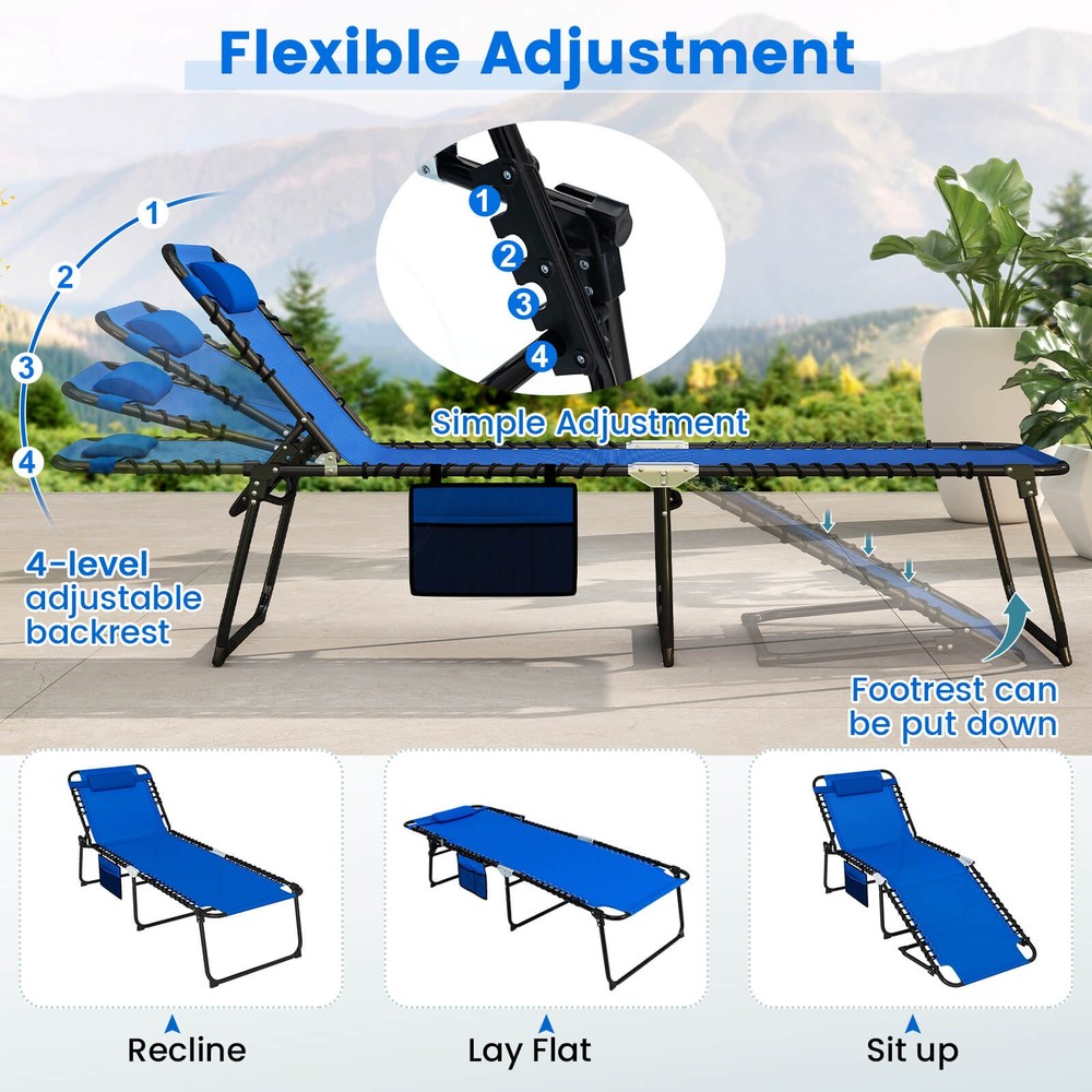 2PCS Oversize Folding Chaise Lounge w/ Adjustable Backrest Pillow Pocket