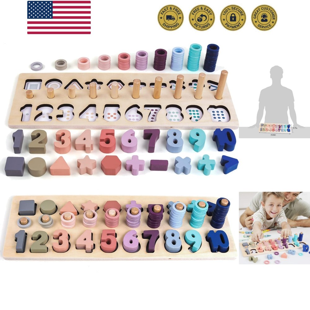 Counting Shape Stacker Wooden Count Sort Stacking Tower with Wood Colorful Nu...