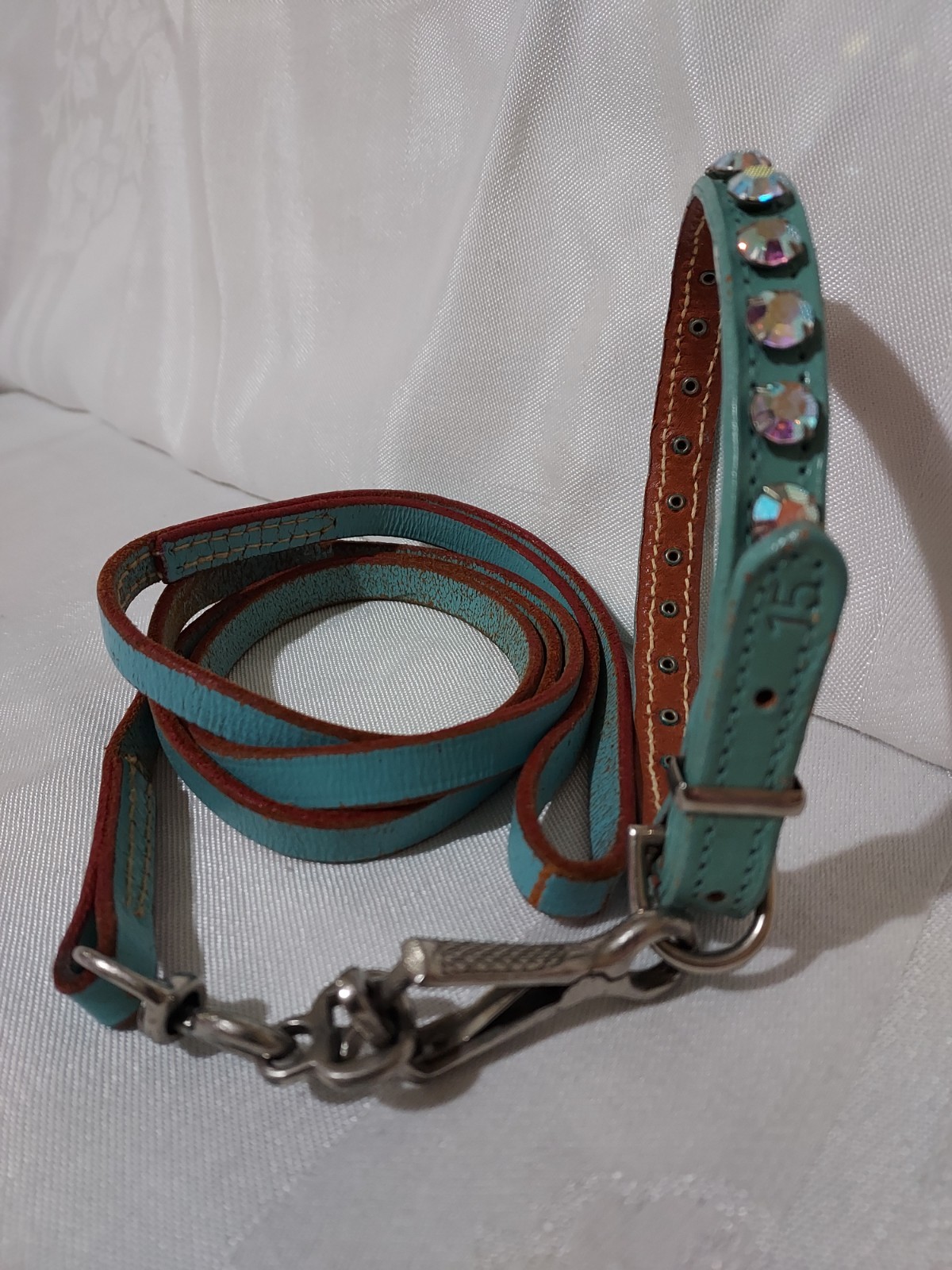 Rare Vtg Rhinestone Jeweled Turquoise Leather Pet Collar & Leash Set 11.5"-13.5"