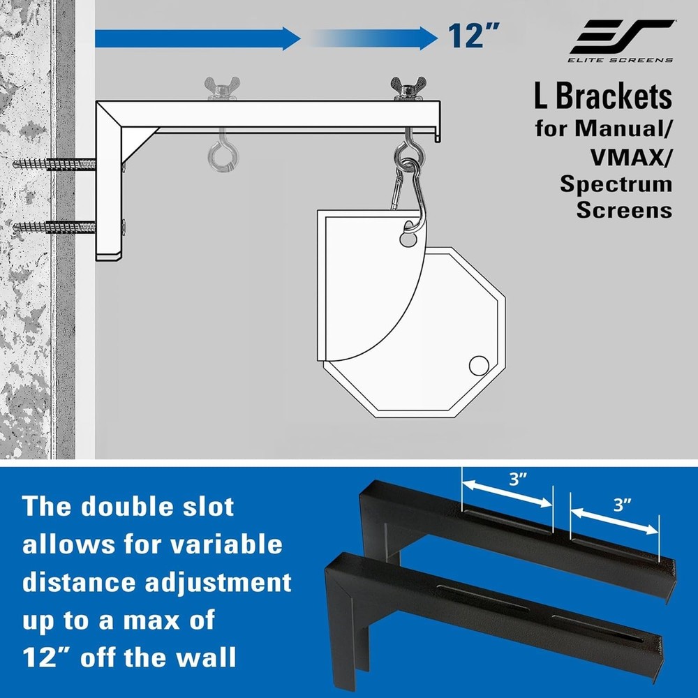 Complete Set: 12-Inch Black L-Brackets with Installation Hardware for Projectors