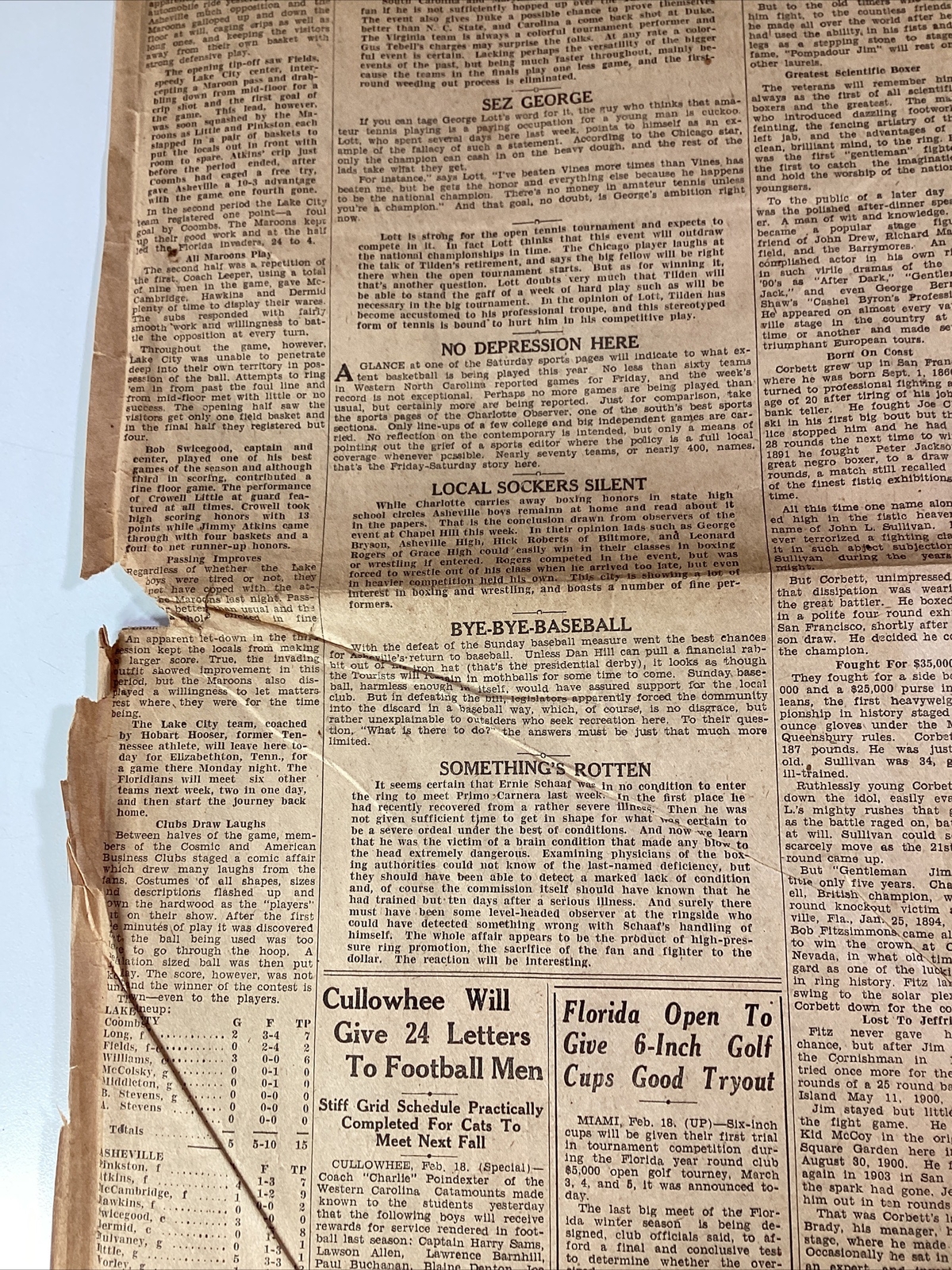 Ashville NC Newspaper Feb 19, 1933 Boxer Jim Corbett Dempsey Lou Gehrig Haverty