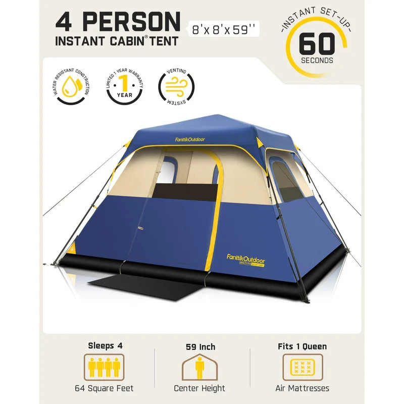 Fanttik Camping Tent 4 Person Instant Cabin Tent Setup in 60 Seconds with Rainfl
