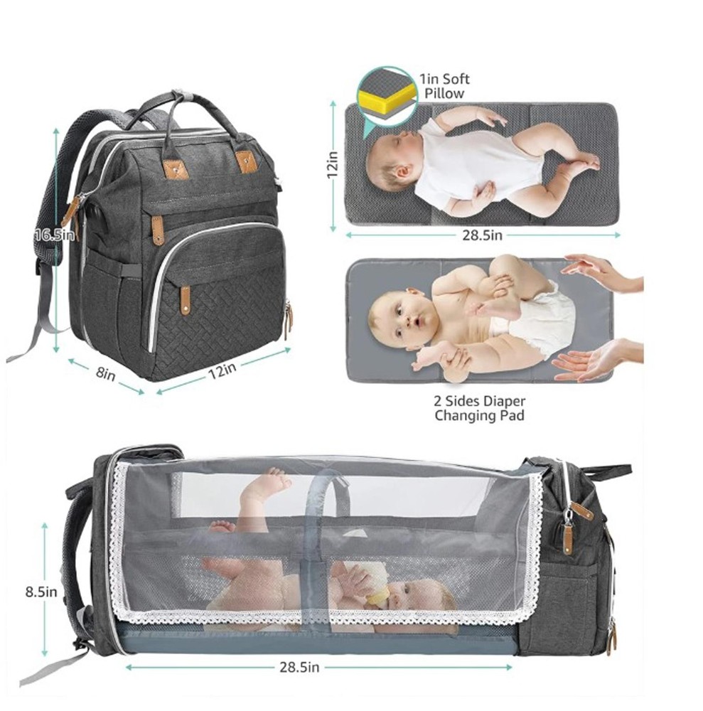 DIAPER BAG BACKPACK-GRAY/BEIGE