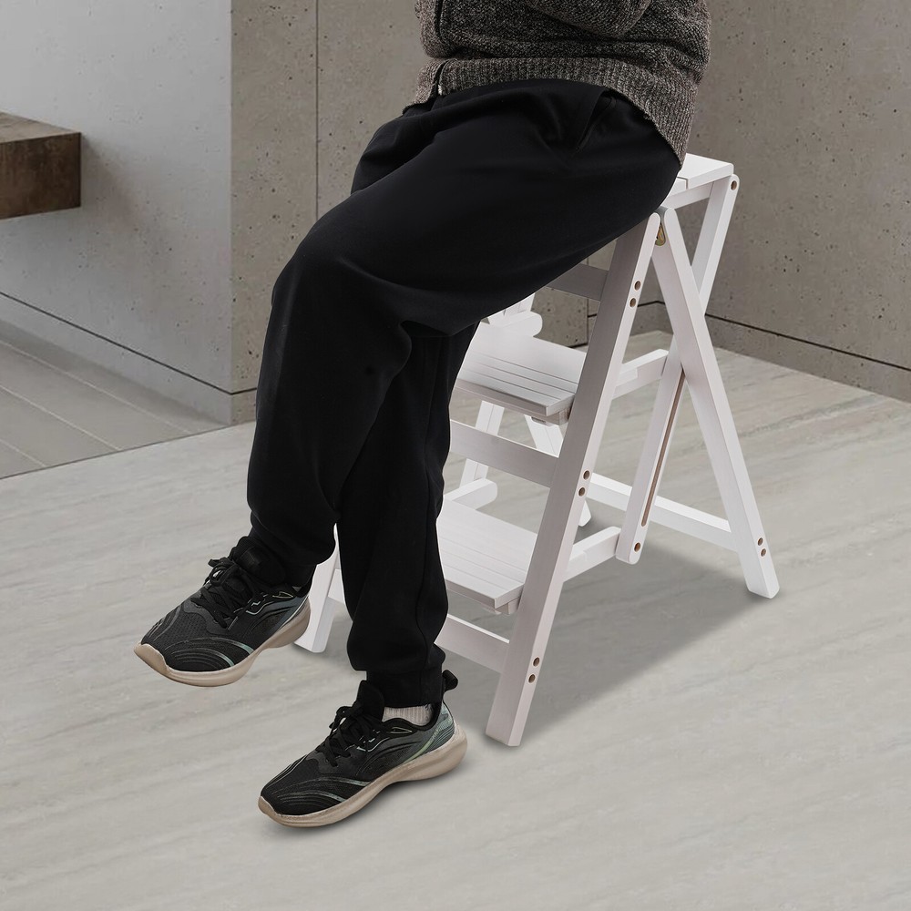 3-layer Folding Step Ladder Folding Wooden Step Stool Not Require Assembly White