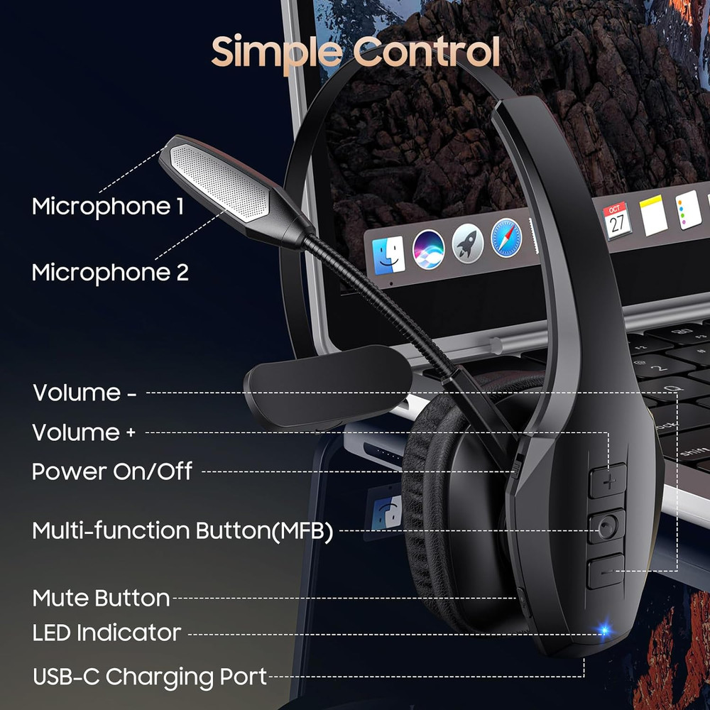 Trucker Bluetooth Headset, Wireless Headset with Mic, Bluetooth Headsets with Du