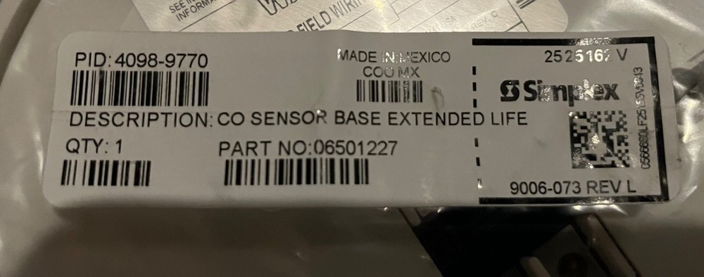Simplex 4098-9770 Carbon Monoxide CO addressable Sensor Base Extended Life