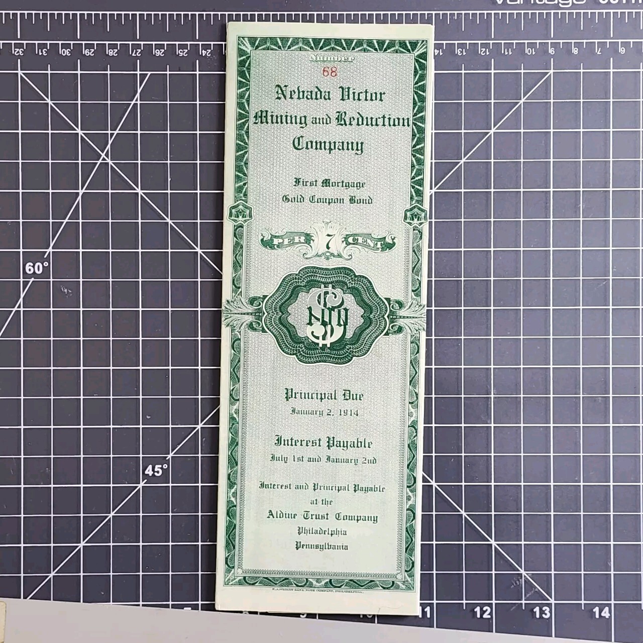 Nevada Victor Mining Reduction Co. Gold Coupon Bond 1908 First Mortgage #68