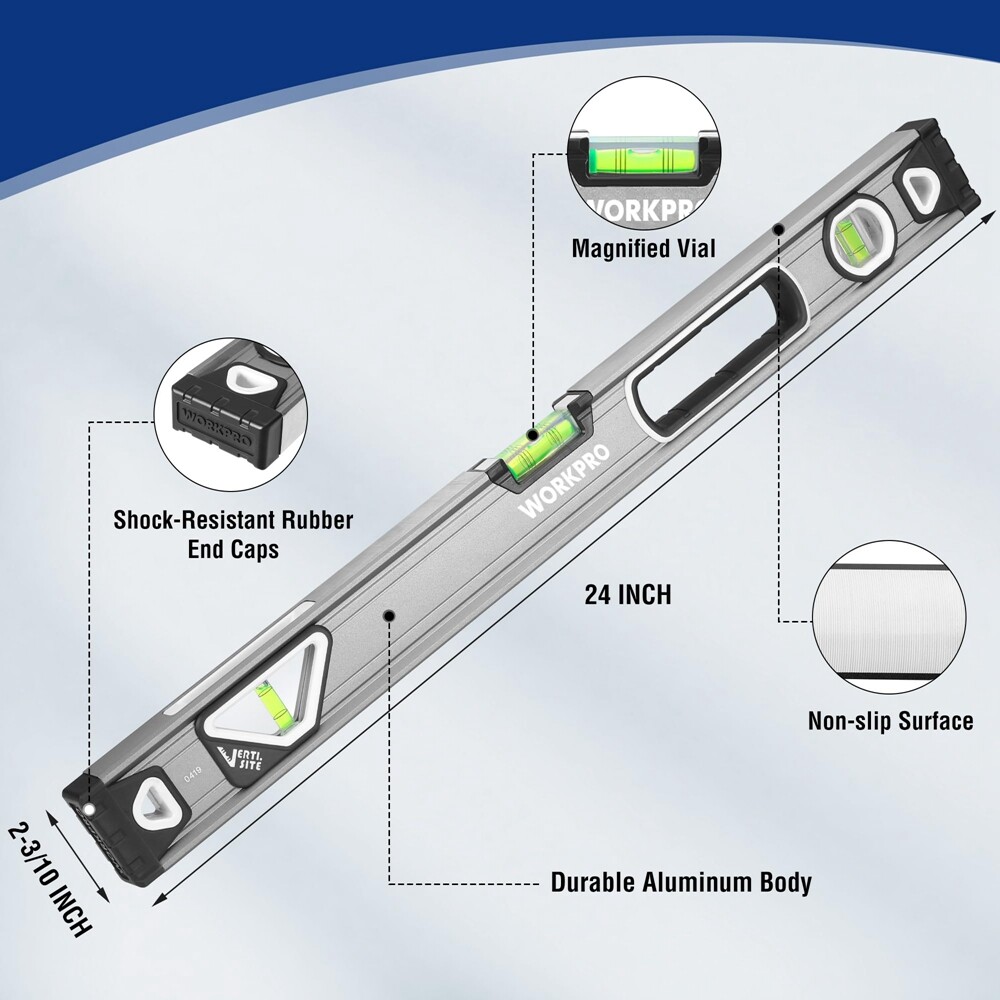 WORKPRO 24" Spirit Level Bubble Level w/3 Bubbles Double View Vertical Site Tool