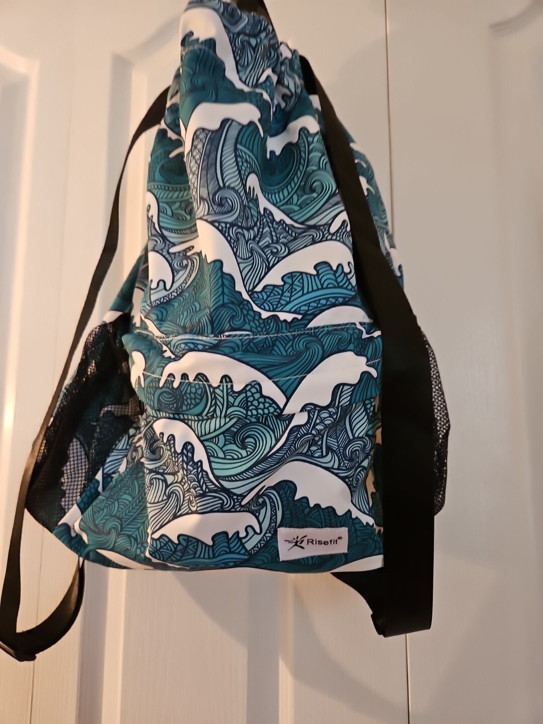 Risefit Drawstring Backpack with Mesh Pockets String Gym Bag Blue Waves
