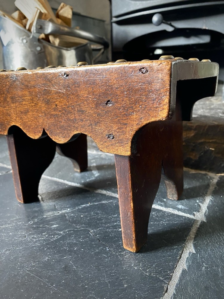 Unusual Antique 19th C. Solid Mahogany Stool With Brass Studs & Initials ‘R.V’