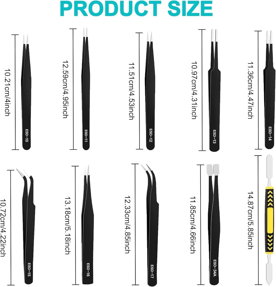 ESD Safe Stainless Steel Tweezers Kit 10 Pc Electronics