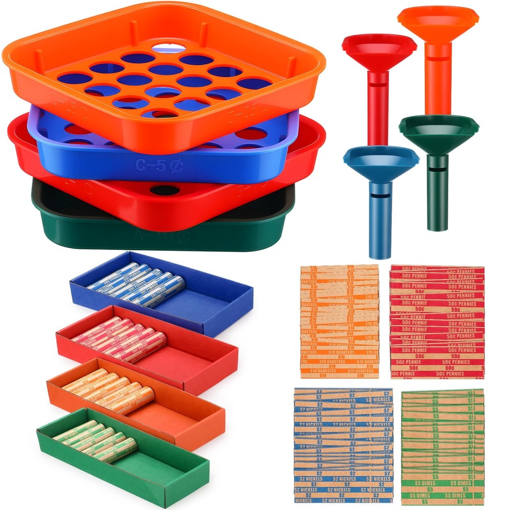 4 Color Coded Coin Sorter Tray Tube Bundle 100 PCS Assorted Wrappers Rolls
