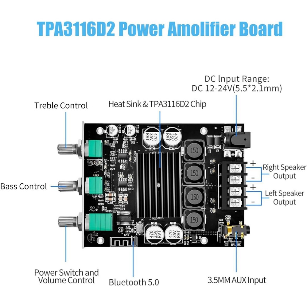 ZK-1002T 2.0 Channel Bluetooth 5.0 Amplifier Board 200W With Aux Input Audio