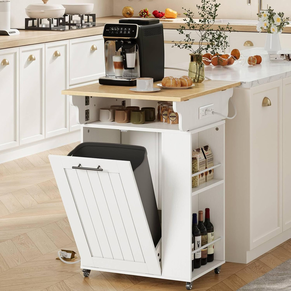 Rolling Kitchen Island with Trash Can, Drop Leaf, Power Outlet & Spice Rack