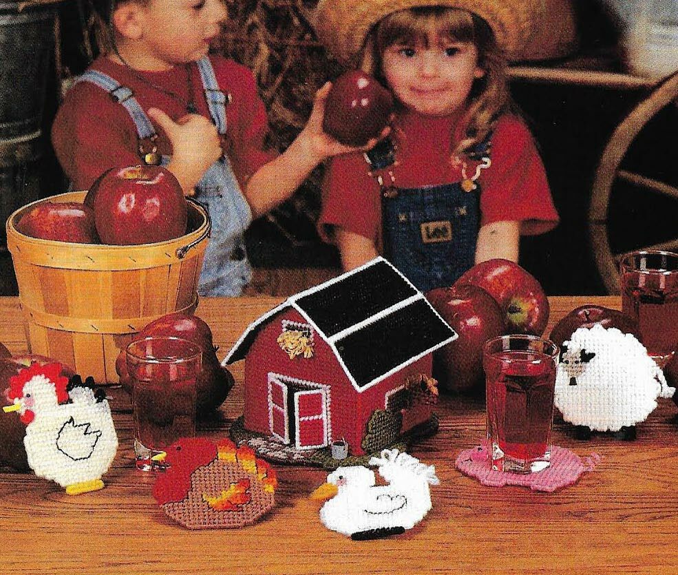 DOWN ON THE FARM FUN ANIMAL COASTERS & BARN PLASTIC CANVAS PATTERN INSTRUCTIONS