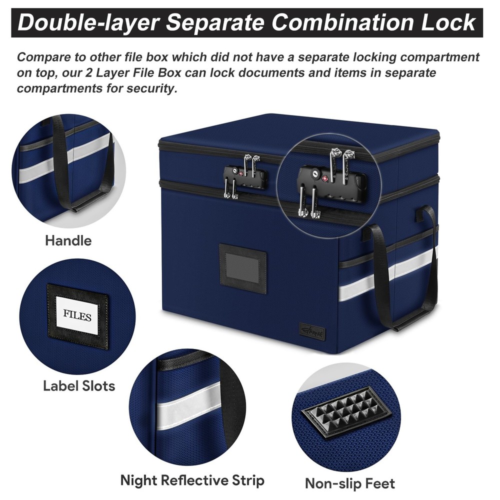 Fireproof Document Box with Lock, 2-Layer File Box Storage Organizer with 5 T...
