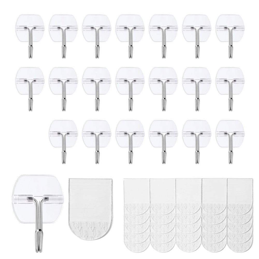 20 Small Hooks+25 Strips, Clear Wire Utility Hooks with Removable Strips Dama...