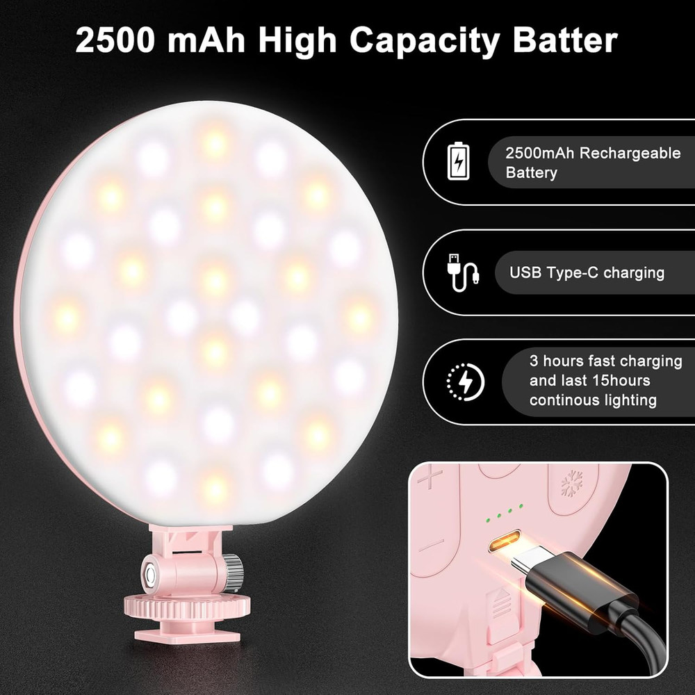 LED Video Light, 2500Mah Rechargeable Camera Light, CRI97+ Dimmable Ring Light w