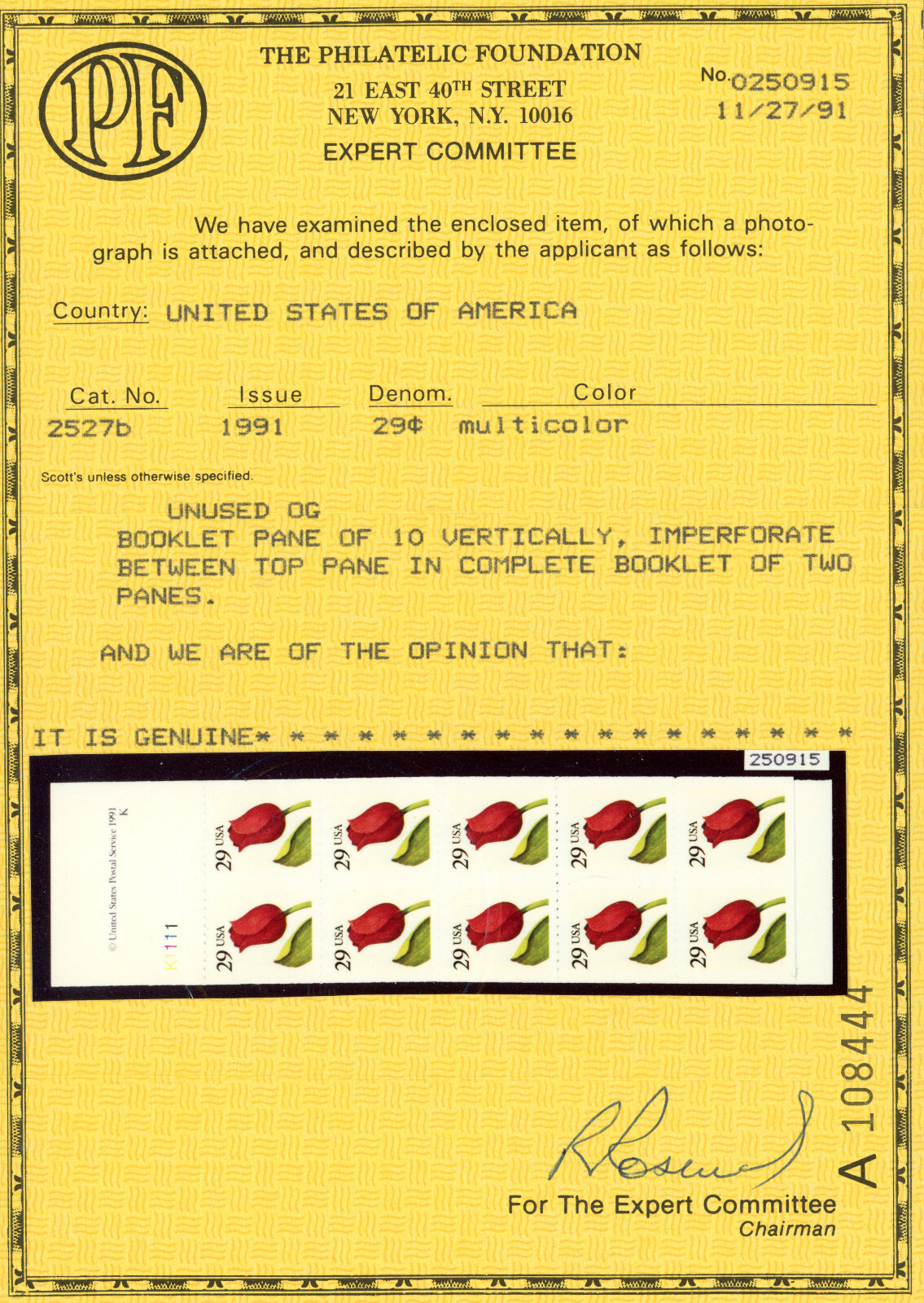 USA Scott# 2527e Booklet Pane IMPERF, PF Certificate SCV $ 500 (55219)
