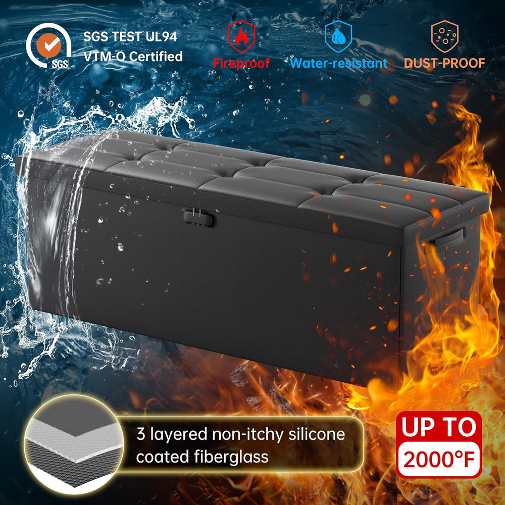 Fireproof Folding Storage Ottoman with Handles & 2 Extra Boxes - Black