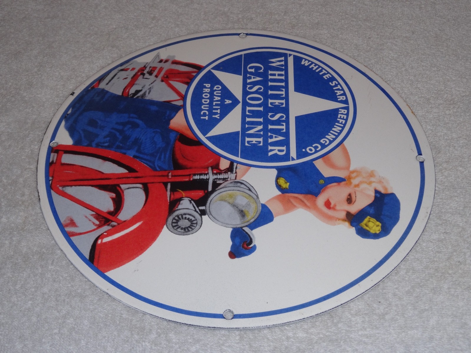 VINTAGE WHITE STAR GASOLINE "WOMAN ON MOTORCYCLE" 12" PORCELAIN METAL MOBIL SIGN