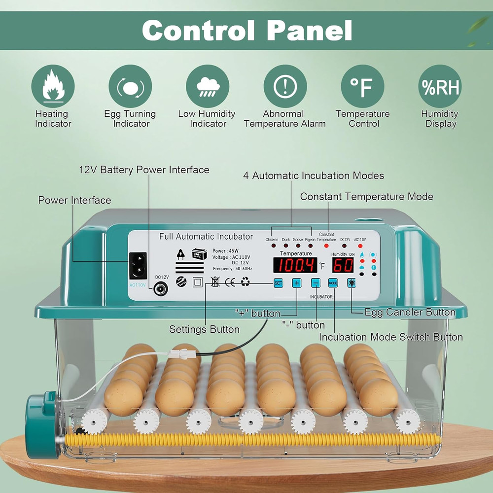 36-Egg Automatic Incubator with Humidity Control and Egg Turning Features