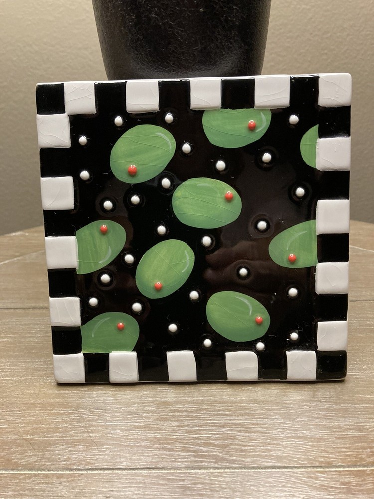 Single Blue Sky Olive Checkered Ceramic Trivet Kitchen Hot Plate Protector