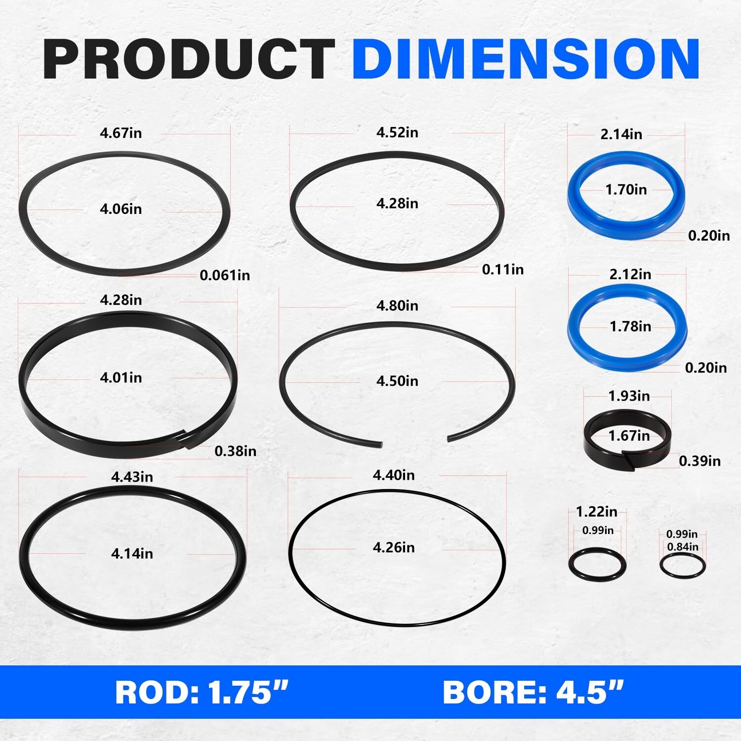 4.5" Bore x 1.75" Rod Cylinder Hydraulic Log Splitter Cylinder Rebuild Seal Kit