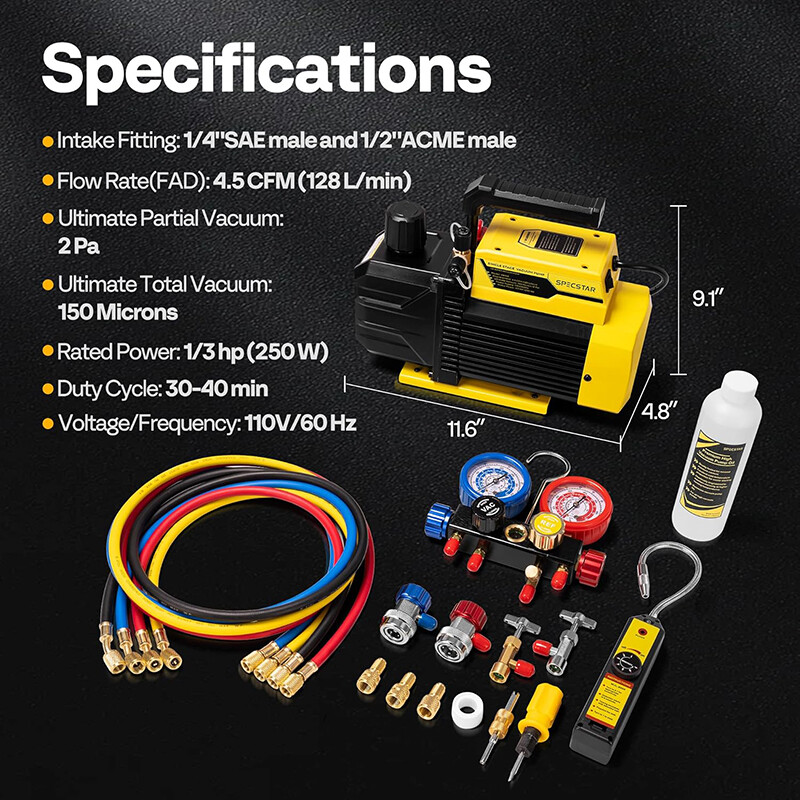 1/3HP 4.5CFM Air Vacuum Pump & 4 Way Manifold Gauge Set HVAC AC Refrigerant Kit