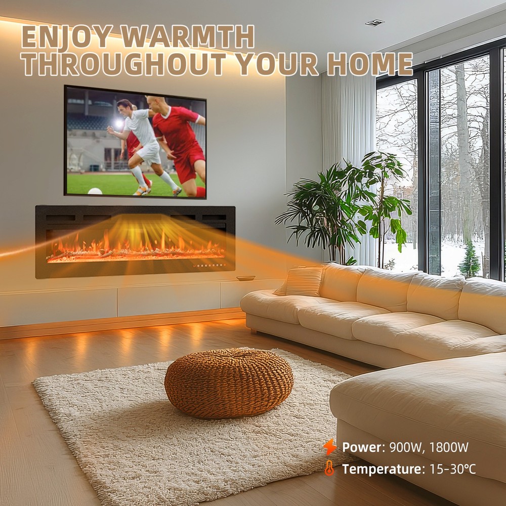 50'' Electric Fireplace Wall Mounted Heater with Remote/Adjustable Flame/Timer