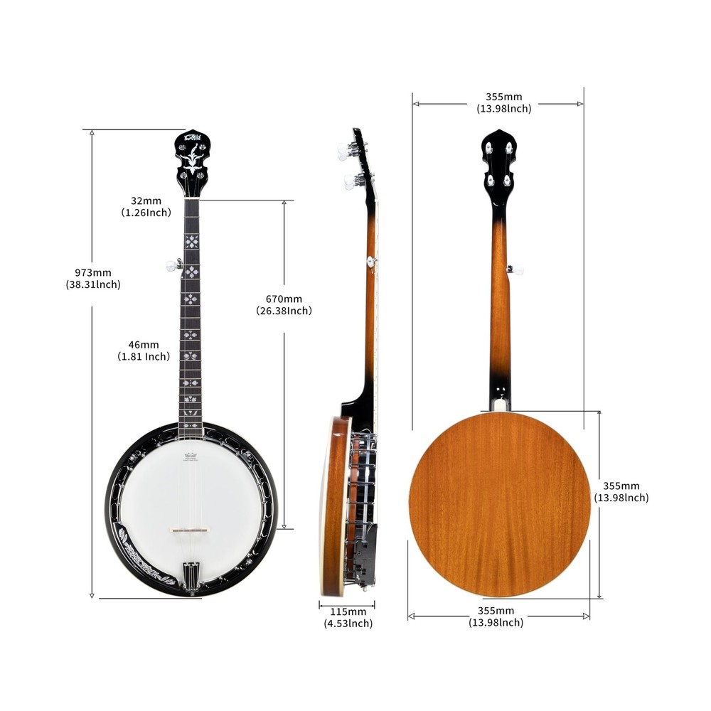 5 String Full Size Banjo Solid Back with beginner Kit Remo Head Coated Top Eu...