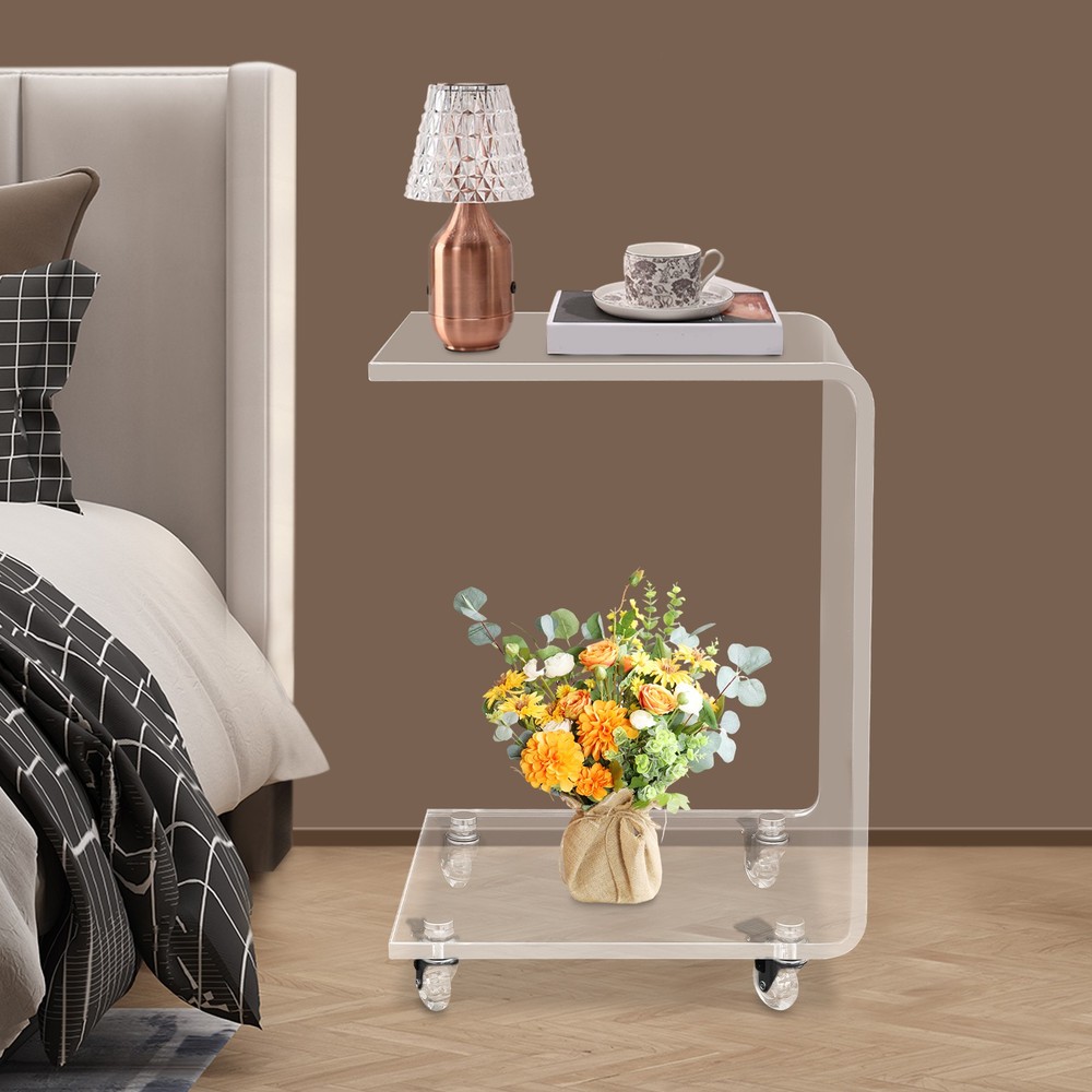35*35*56cm C-Shaped Side Table, Acrylic End Table, Couch Side Table With Wheels