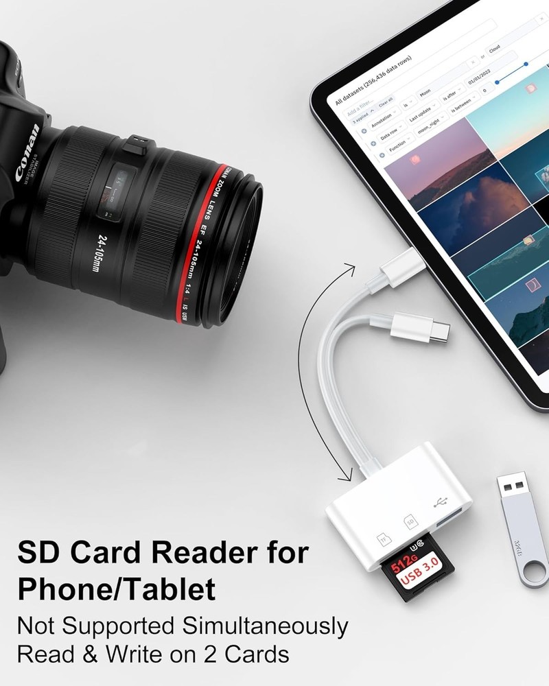 SD Card Reader for iPhone, iPad, Samsung, Memory SD Card Reader USB C&Lightni...