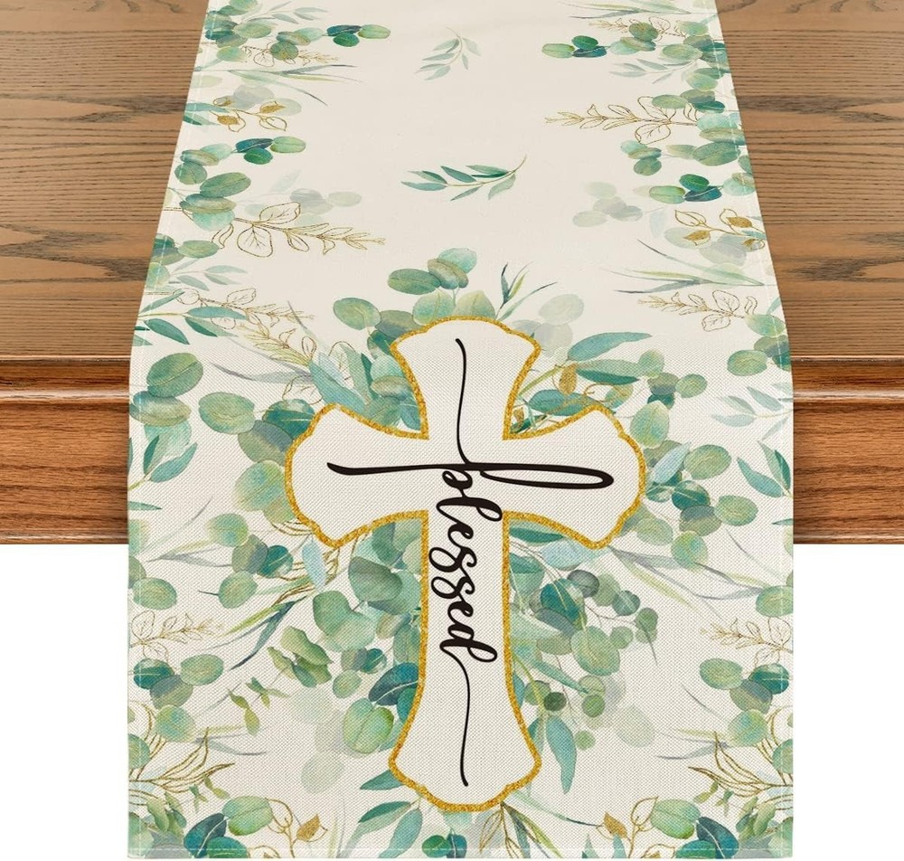 Blessed Cross Eucalyptus Table Runner, Spring 13" x 72", Table Runner Green