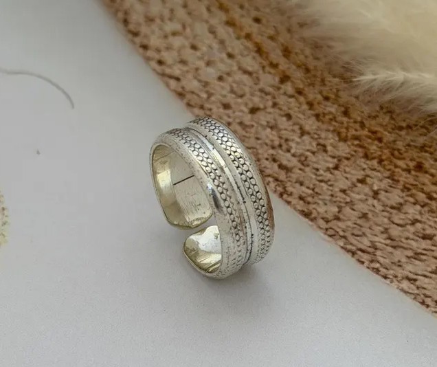 Solid 925 Sterling Silver Wide Textured Band Adjustable Thumb Boho Handmade Ring