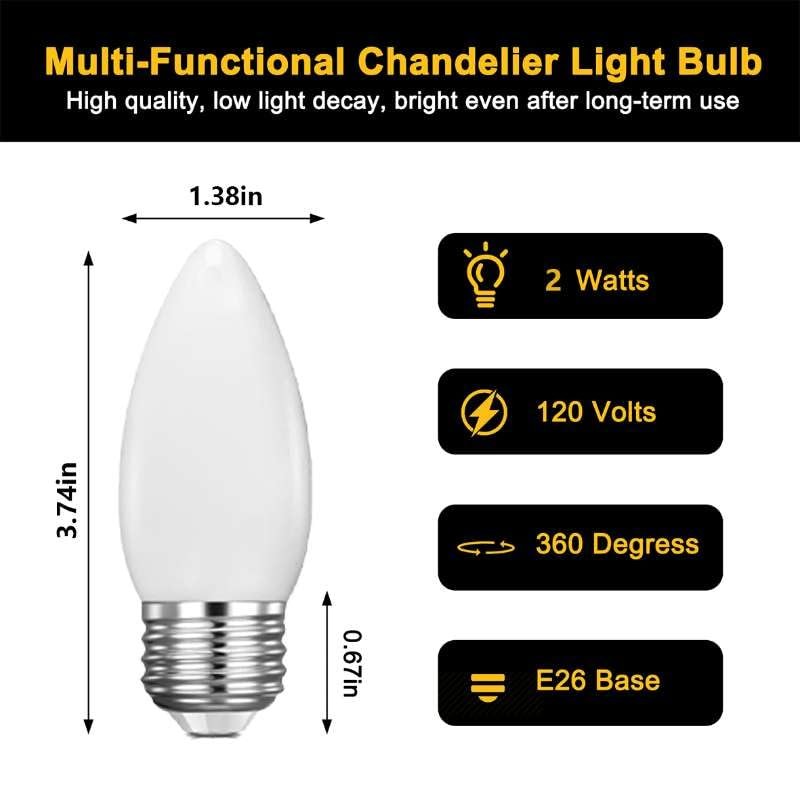 6 Pack E26 B11 LED Candelabra Bulbs，2W Dimmable Frosted Candle Light