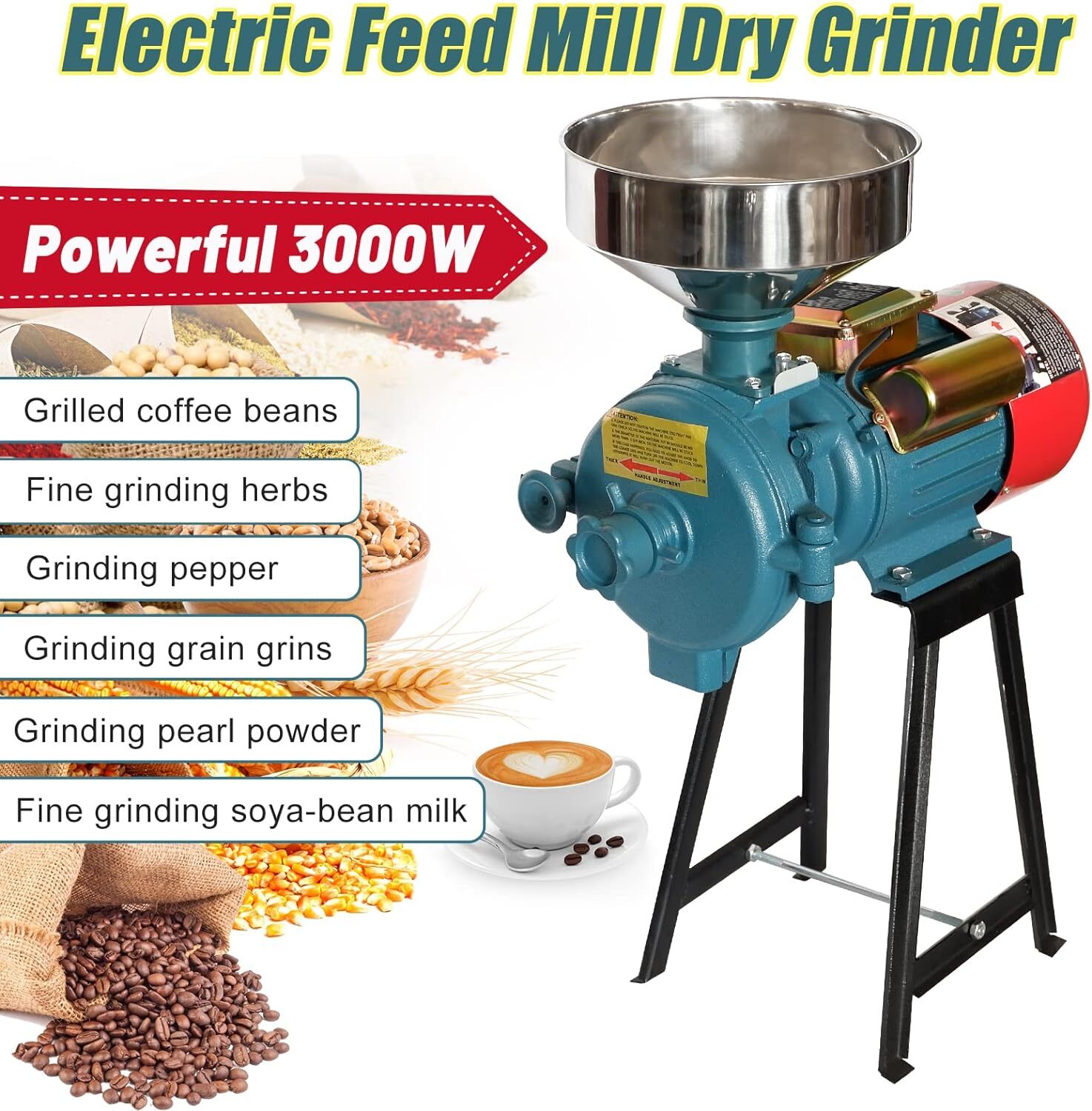NAIZEA 3000W Electric Grain Mill Cereals Corn Grain Coffee Wheat Feed Machine