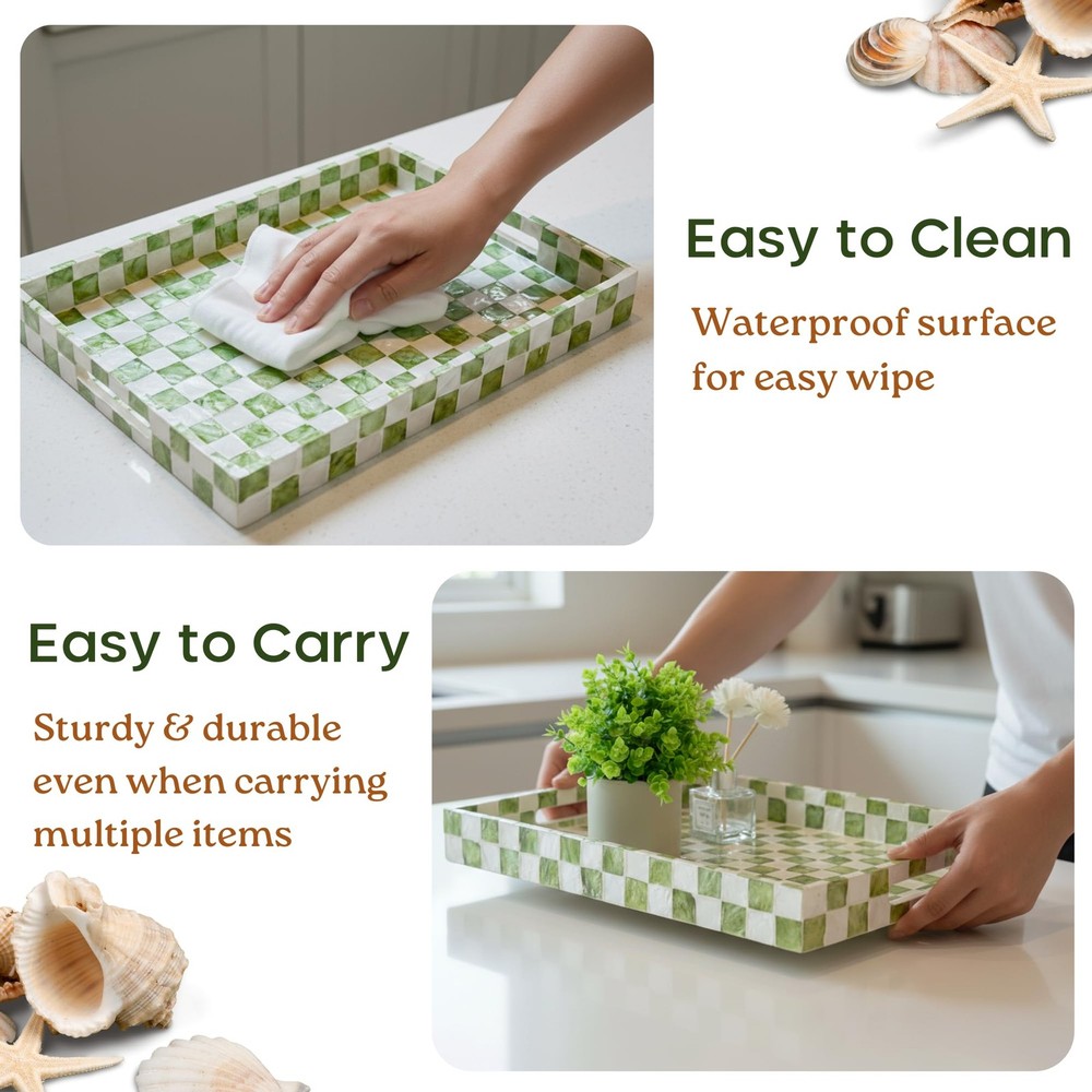 15.8" x 11.8" Decorative Rectangular Tray with Natural Capiz Shells, Checkere...