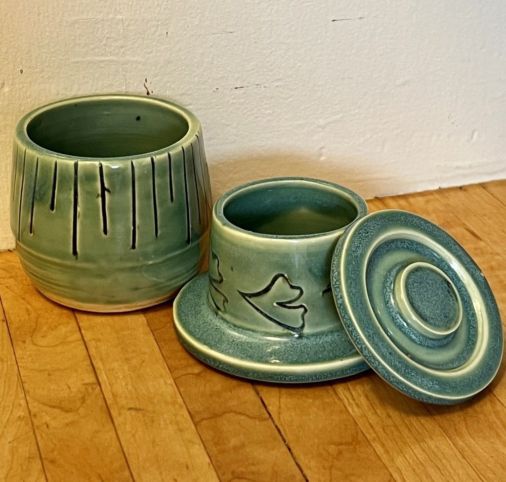 Tea Diffuser Signed Vintage Green Stoneware 5" tall 3" wide Unique Signed