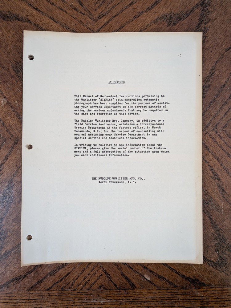 Wurlitzer Simplex Instructions Manual